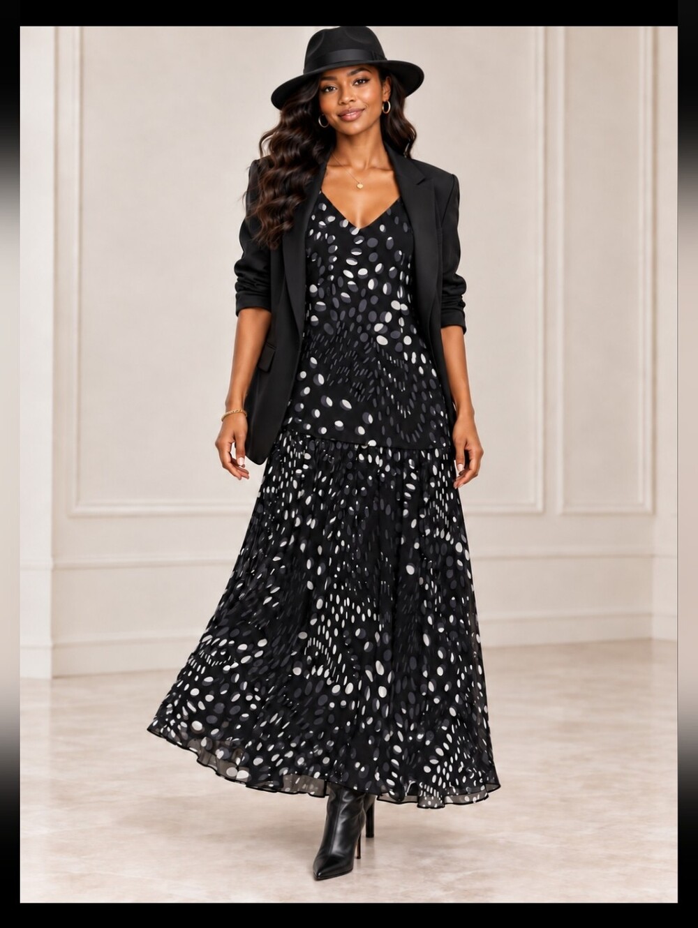 Free People Black Polka Dot V-Neck Maxi Dress